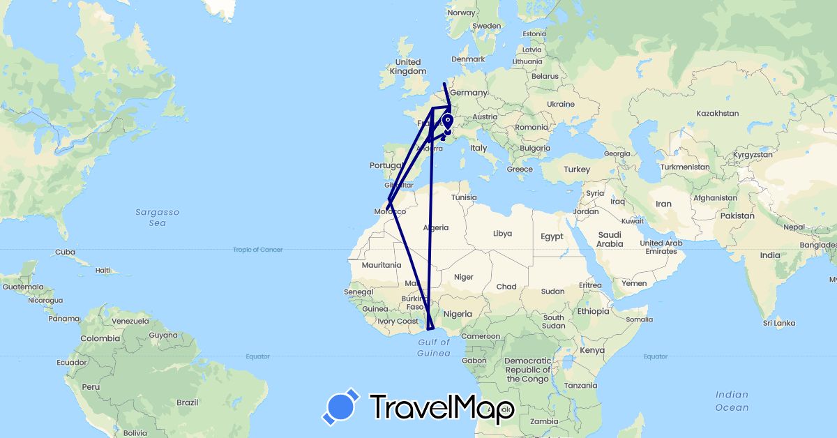 TravelMap itinerary: driving in Benin, France, Morocco, Netherlands, Togo (Africa, Europe)